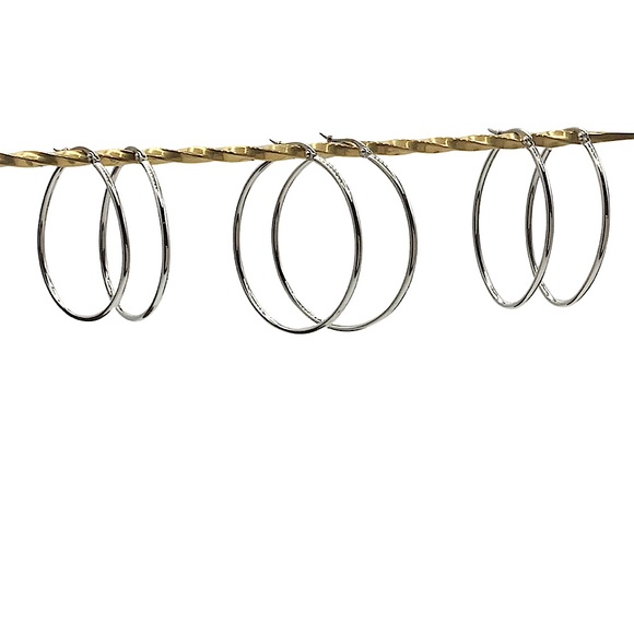 NEW Stainless Steel Polished Silver Hoop Earrings, Lot of 3 - Picture 1 of 8